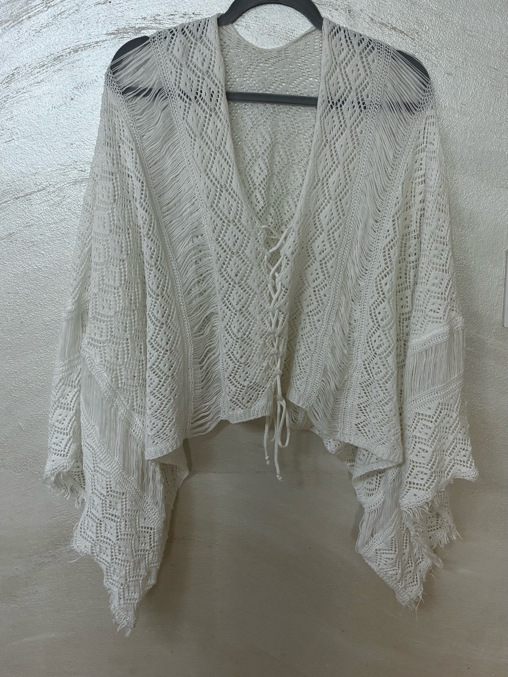 Open-Weave Fringe Poncho Wrap - Cream